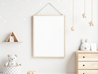 Minimalistic nursery interior with wooden furniture, a blank picture frame, soft toys, and delicate star decorations on a light background, creating a cozy and peaceful atmosphere