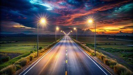 Fototapeta premium Aerial View of a Straight Asphalt Road at Night with Bright Lights and Shadows, Isolated on a Clean Background for Creative Projects and Presentations