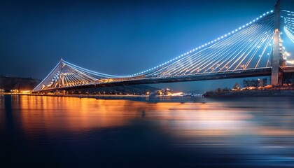 Fototapeta premium Night view of a modern cable-stayed bridge illuminated with blue and orange lights, reflecting on calm waters.