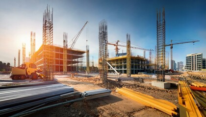 Construction site with multiple buildings under construction.  Heavy machinery and steel structures dominate the scene, bathed in the golden light of sunset.