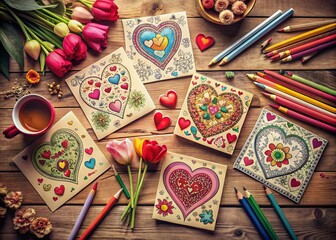 Fototapeta premium Vintage Style Valentine's Coloring Sheets for Creative Coloring Fun, Featuring Whimsical Designs, Hearts, and Romantic Elements Perfect for All Ages and Craft Lovers