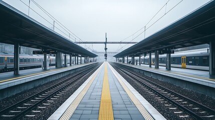 Fototapeta premium Here's a description following your specifications.. Empty train platform on a foggy day.