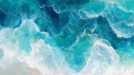 Obraz premium An aerial view of ocean waves gently rippling, with hues of turquoise and white foam blending seamlessly for a tranquil and refreshing feel.