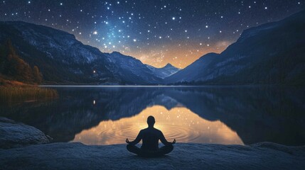 A calm lake reflecting the stars, with a person meditating on the shore, the moonlight casting a gentle glow, and ripples forming softly around them, representing harmony with the universe