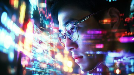 A businessman employs computer devices with access to the global internet, using big data and AI, as he views a computer screen showing code.