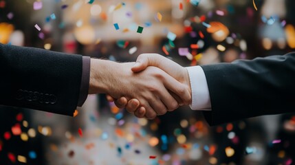 A handshake captured in focus with confetti falling in the background, emphasizing the excitement and achievement of completing a high-stakes negotiation
