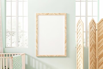 Modern nursery interior with a blank frame on the wall, geometric accents, and warm orange tones, featuring a crib and cozy decor elements