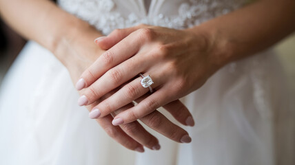 A woman is holding her hand up to show off her diamond ring. The ring is large and sparkly, and it is clear that she is proud of it. Concept of elegance and sophistication