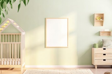 Modern nursery interior with a blank frame on the wall, geometric accents, and warm orange tones, featuring a crib and cozy decor elements