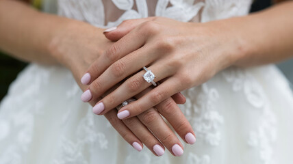 Naklejka premium A woman is holding her hands together, with a large diamond ring on her left hand. The ring is surrounded by a layer of sand, giving it a unique and elegant appearance