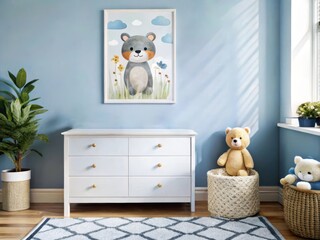 Modern nursery interior with a blank frame on the wall, geometric accents, and warm orange tones, featuring a crib and cozy decor elements