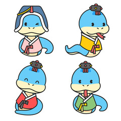 뱀 캐릭터 일러스트. 2025년 푸른 뱀의 해.