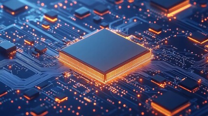 A digital isometric tech background featuring an abstract circuit board on a blue backdrop. Computer circuit motherboard. Data and electronics theme. Modern illustration. Futuristic processor