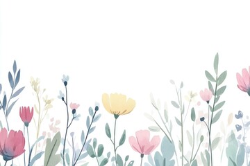 Naklejka premium Beautiful floral illustration with pastel-colored flowers and delicate green leaves on a white background, perfect for spring-themed designs.