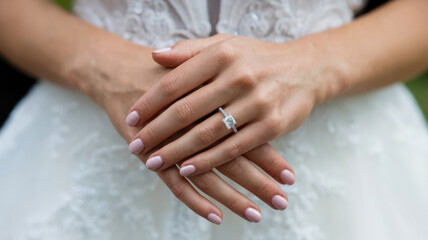 A woman is holding her hands together, with a diamond ring on her left hand. The ring is a symbol of love and commitment, and the woman is likely celebrating a special occasion