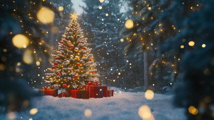 Kartka świąteczna na Boże Narodzenie. Prezenty pod choinką 