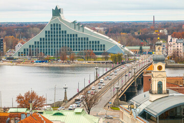 Fototapeta premium Aerial View of Riga Featuring National Library and Daugava River
