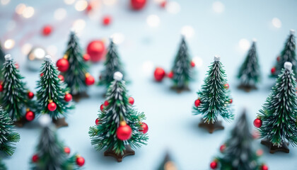 Obraz premium Miniature Christmas Trees with Red Ornaments on Light Blue Background