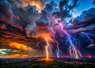 Aerial View of Colorful Lightning Illuminating a Dark Sky During a Thunderstorm, Capturing Nature's Spectacular Display of Electric Energy and Atmospheric Drama
