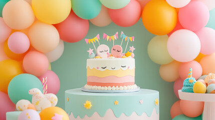 A colorful birthday party with a cake decorated with balloons and a banner