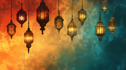 Islamic background - majestic arabian nights with ornate lanterns and mystical glows. arabian nights. illustration. Mystic Lantern Glow. Illustration