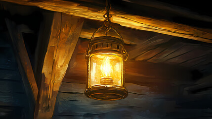 Faded, ancient mariner's lantern suspended from distressed wooden beam, bathed in warm, golden light, telling tales of the past in cozy, nostalgic atmosphere. Mystic Lantern Glow. Illustration