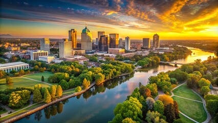 Aerial View of Downtown Sacramento Skyline Bathed in Warm Sunrise Light with River Reflections and Urban Landscape in Soft Morning Colors