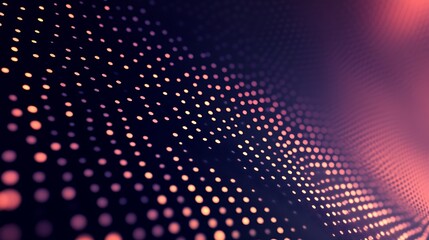 Fototapeta premium Abstract background with glowing dots forming a wave pattern in shades of pink, orange, and purple on a dark background.