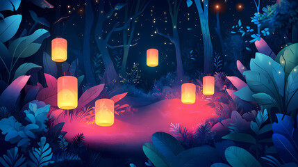 Obraz premium Enchanted forest with mystical creatures and glowing lanterns, fantasy, night, enchanted, forest, magical, creatures. Mystic Lantern Glow. Illustration