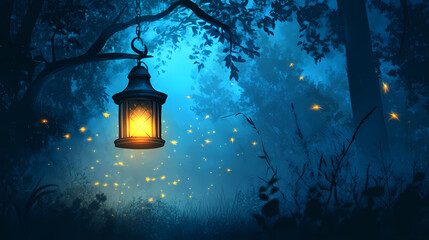 An antique lantern hanging in a dark forest filled with glowing fireflies and blue haze. . Mystic Lantern Glow. Illustration