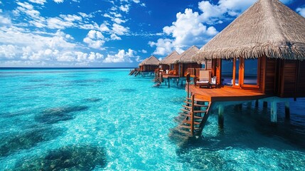 Perfect Maldives paradise scene. Tropical aerial landscape, seascape, luxury water villas. Amazing sea sky, reef lagoon beach picturesque nature. Exotic tourism, panoramic destination, summer vacation