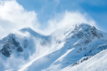 mountain landscape just before an avalanche, with the snow cracking and beginning to fall, minimal background with copy space