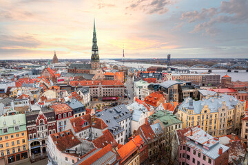 Aerial View of Riga with St. Peter's Church and Daugava River