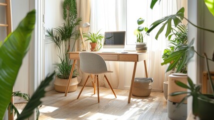 Fototapeta premium Minimalistic Home Office with Wooden Desk and Abundant Plants