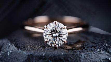 A diamond ring with a gold band sits on a stone surface. The stone is dark and the ring is shiny