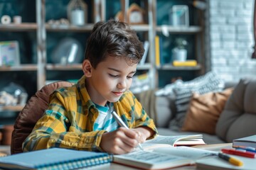 Doing Homework. education - happy boy doing homework and writing to notebook at home