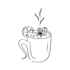 A cup of hot drink with spices. Single line art. Hand drawn vector illustration.