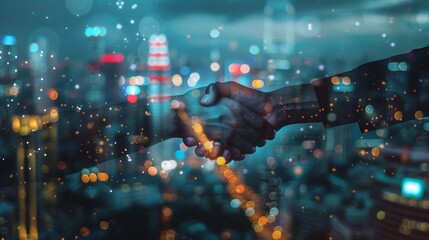 Double exposure of business handshake for successful of investment deal and city night background