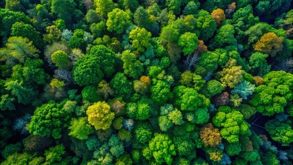 Fototapeta premium Aerial View of Lush Green Forest Canopy Showcasing Diverse Tree Types and Their Natural Patterns Under Bright Blue Sky in a Serene Outdoor Environment