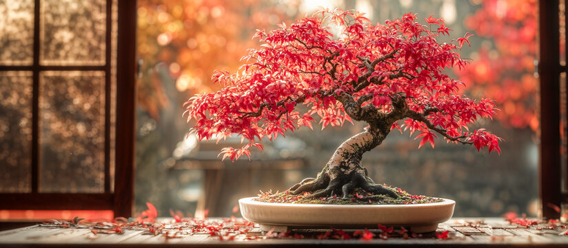 A Japanese maple bonsai 'deshojo' variety (acer palmatum), informal upright style (Moyogi), an autumn garden in the background.