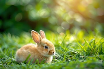 Fototapeta premium Adorable baby bunny on green garden background symbol of Easter and Chinese zodiac for 2023