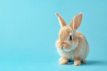 Fototapeta premium Adorable baby rabbit sitting on blue background cute actions