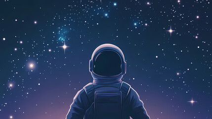 Astronaut in a space suit gazes at a starry sky, surrounded by glowing lights, symbolizing exploration and adventure in the cosmos. Space Wanderer Voyage. Illustration