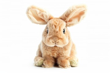 Fototapeta premium Amusing beige bunny with large ears and comical expression against white backdrop
