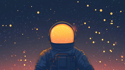 Astronaut in a space suit gazes at a starry sky, surrounded by glowing lights, symbolizing exploration and adventure in the cosmos. Space Wanderer Voyage. Illustration