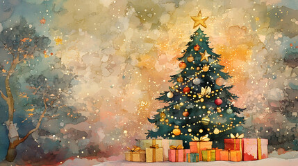 Christmas tree with golden lights and wrapped gifts set against a shimmering watercolor backdrop.high quality image