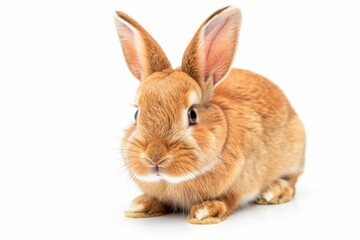 Fototapeta premium Brown Easter bunny sniffs and looks at camera on white background Cute and intelligent