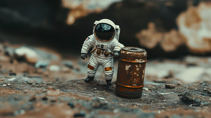 A miniature astronaut exploring a rusty canister on a desolate surface, capturing the essence of space exploration. Space Wanderer Voyage. Illustration