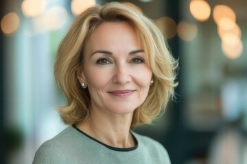 Close-up headshot of confident European mature, good looking middle-aged leader, businesswoman CEO on blurred office background. Beautiful senior European businessman smiling at the camera