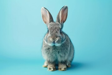 Obraz premium Gray rabbit standing on blue background cute movement